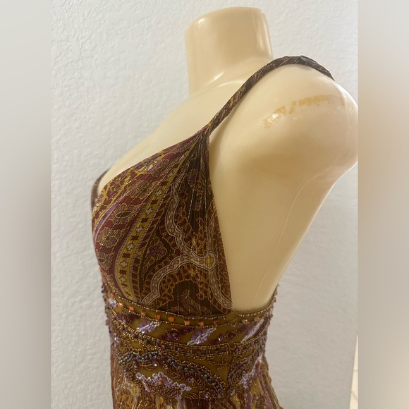 Y2K Vintage Boho Dolce Jovani Silk Beaded Front Slit Earth Tomes Size 4 Dress - Picture 7 of 16